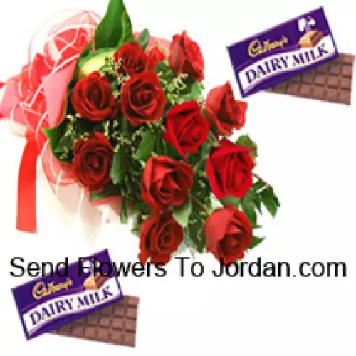Bunch Of 12 Red Roses With Seasonal Fillers Along With Assorted Cadbury Chocolates