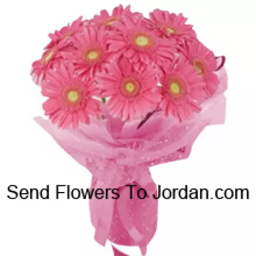 A Beautiful Hand Bunch Of 12 Pink Gerberas With Seasonal Fillers