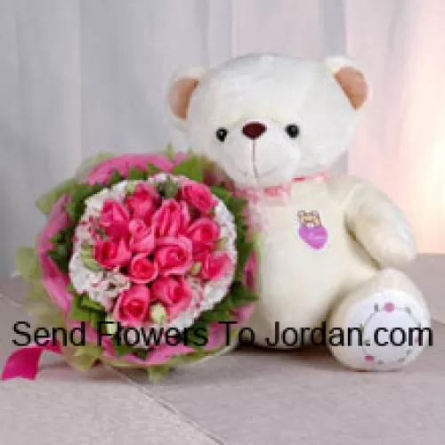 Bunch Of 12 Pink Roses And A Medium Sized Cute Teddy Bear