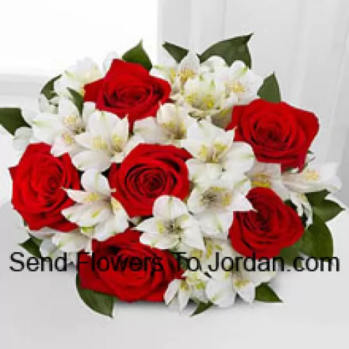 Bunch Of 6 Red Roses And Seasonal White Flowers